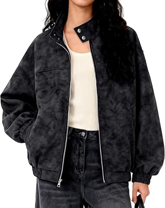 Bakyarder Unisex Vintage Dyed PU Leather Jacket Stand Collar Oversized Moto Coat Zip Up Outerwear for Fall Winter Streetwear
