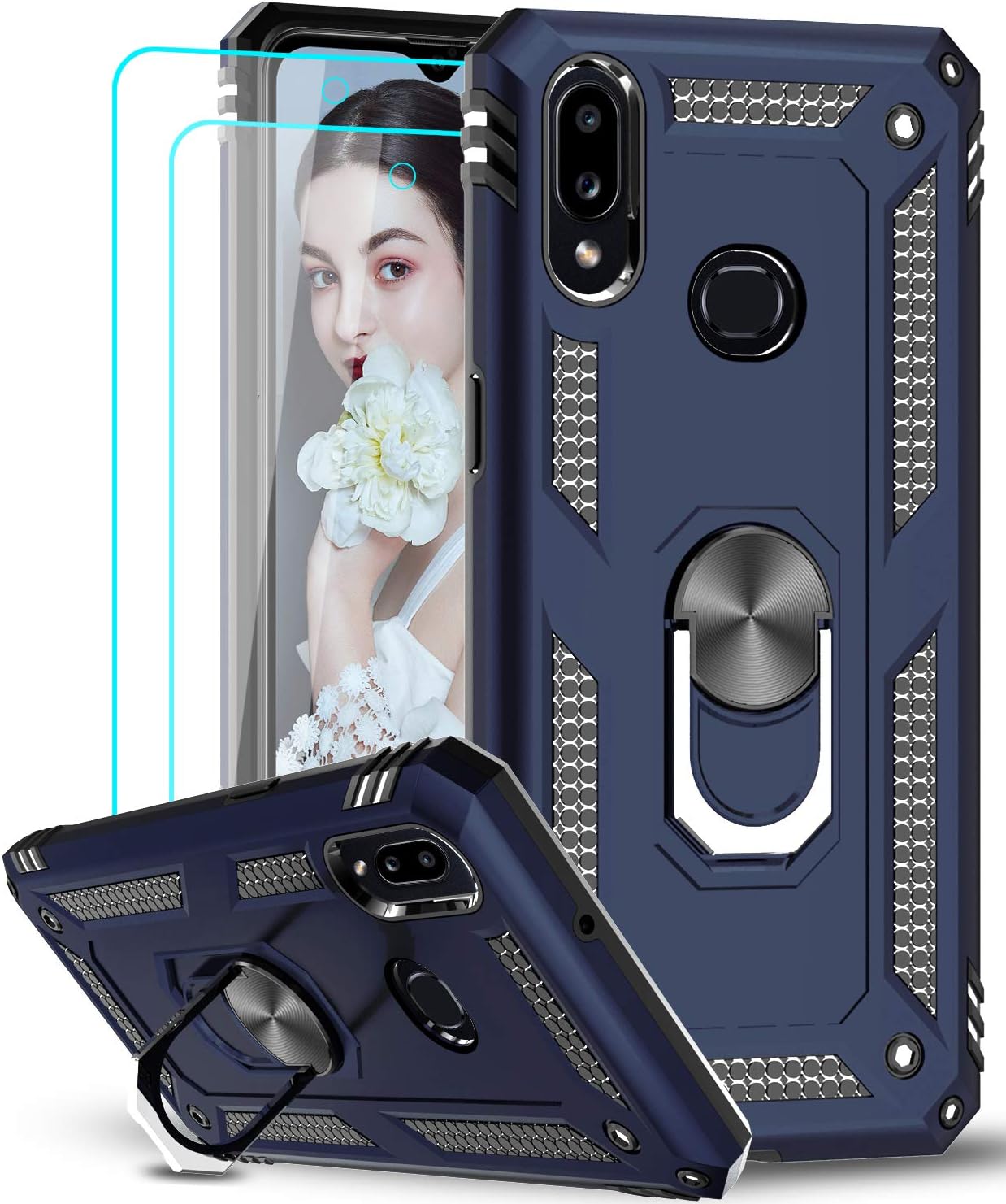 LeYi Compatible for Samsung Galaxy A10S Case (Not Fit A10) with [2 Pack] Tempered Glass Screen Protector,Military-Grade Protective Phone Case with Car Ring Holder Kickstand for Samsung A10S Blue