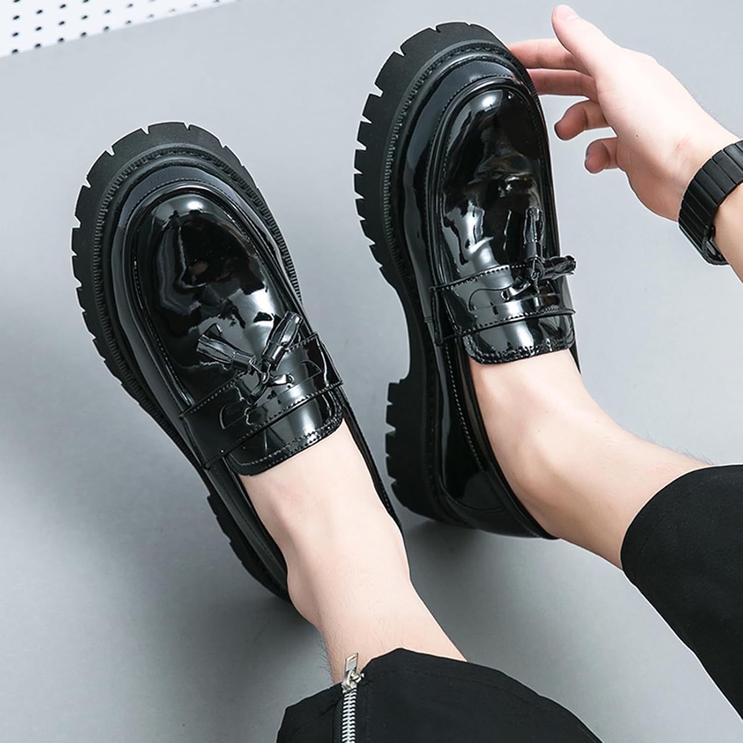 Men's Fashion Black and White Two Tone Chunky Platform Penny Loafers Classic Slip-On Lug Sole Business Work Dress Shoes Daily Non-Slip Shock Absorbing Casual Shoes Large Size 5.5-14 - Image 7