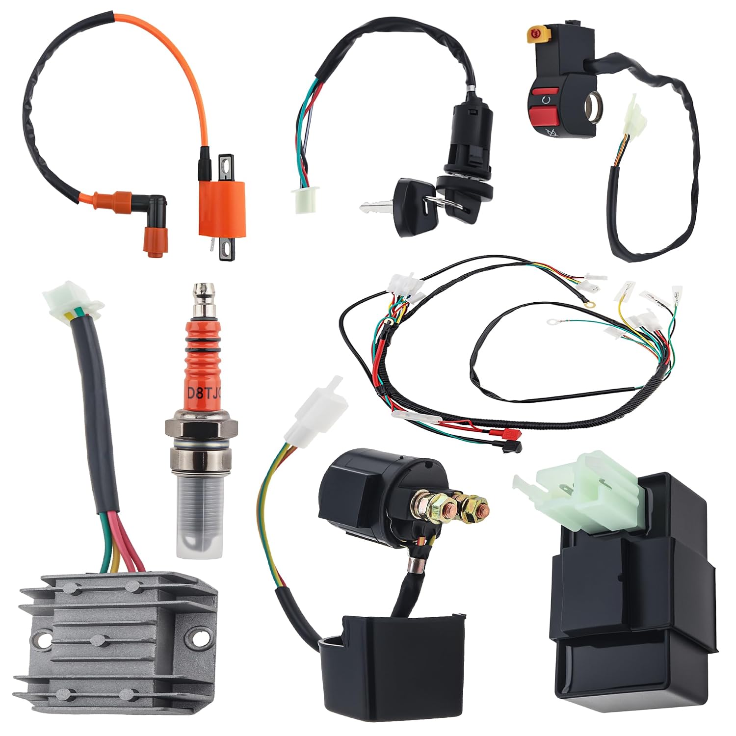 Windance 8PCS Complete Electrical Wiring Harness Kit with CDI Solenoid Relay Rectifier Ignition Switch Ignition Coil for Most Chinese 4 Stroke Motorcycle ATV Quad Dirt Bike Go Kart 150CC 200CC 250CC