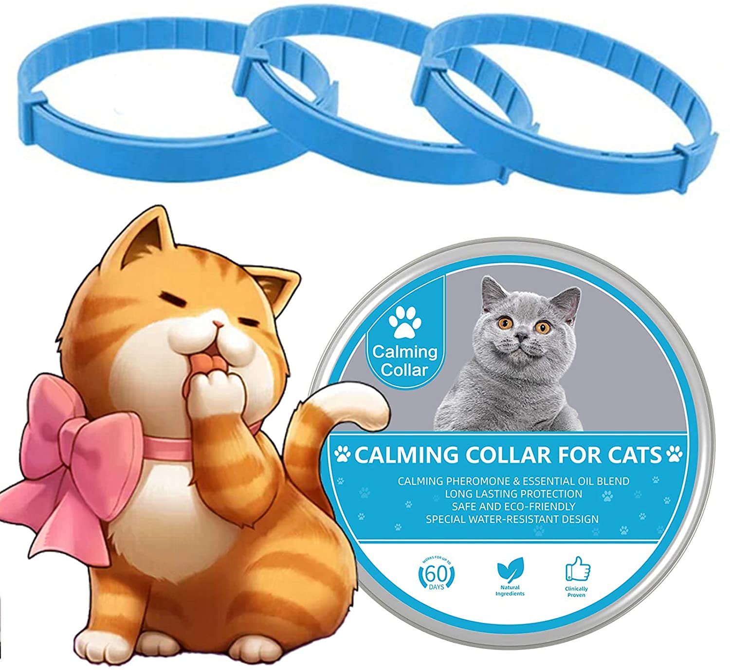 WustentreCat Calming Collars 3 Pack, Pheromone Calming Collar for Cats, Natural, Adjustable, Waterproof Relieve Cat Anxiety Collar, Kitten Pheromone Collars for 60 Days Safe Use (Blue)