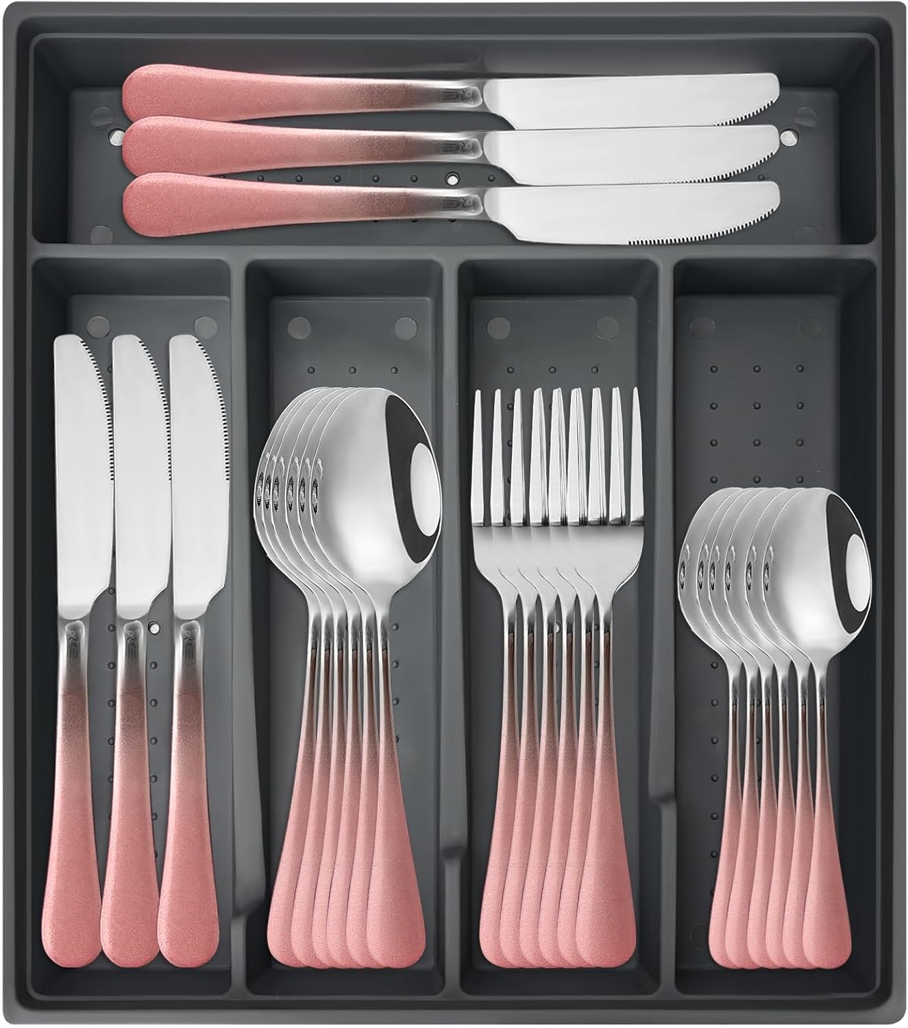 Gilded Silverware Set, 24 Piece Cutlery Set with Holder, Service for 6, Mirror Polished Tableware Set for Home Kitchen (Gradient Pink Silver)