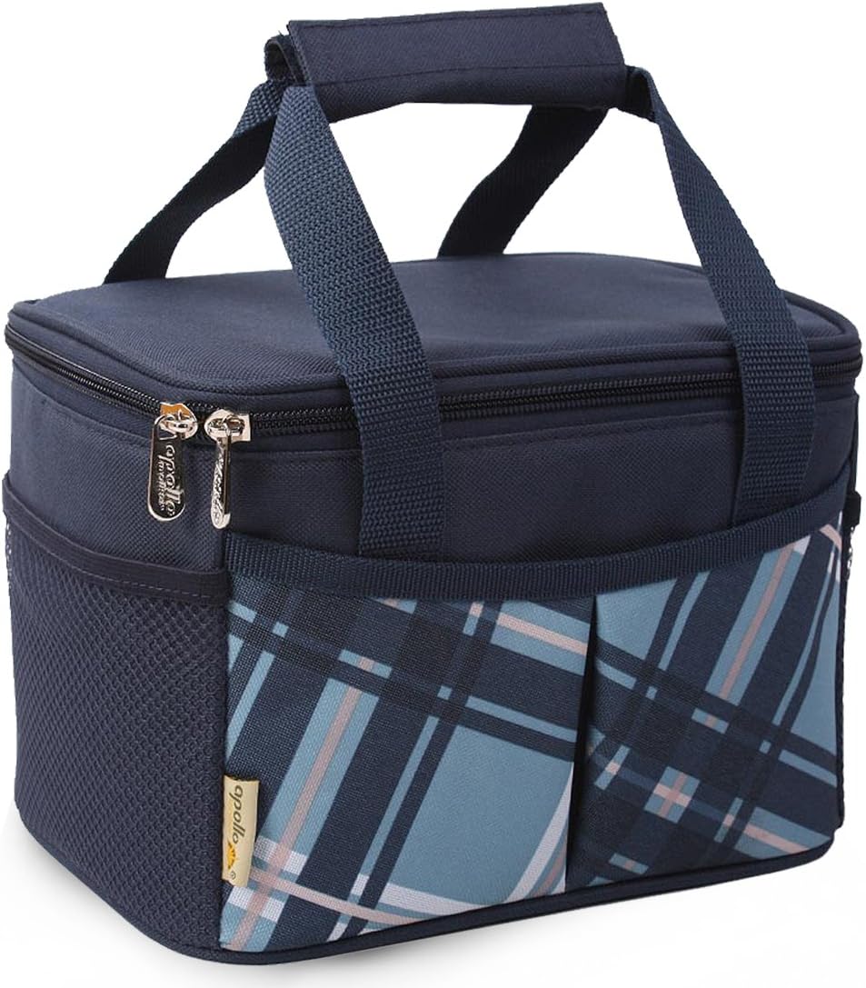 Insulated Lunch Bag Reusable Splashing Resistant Oxford Fabric Lunch Box Cooler Tote Bag with Handle Straps & Side Mesh Pockets (Blue)