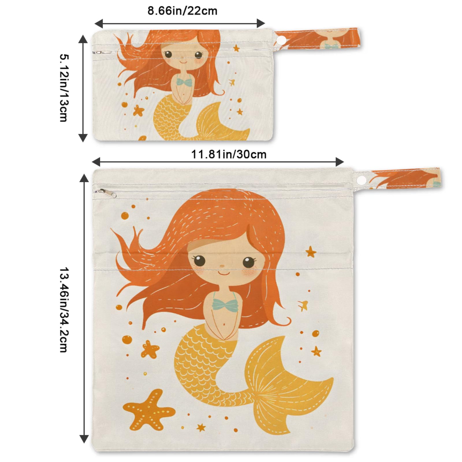 GzLeyigou 2 Set Orange Mermaids Wet Dry Bags for Baby Cloth Diapers Waterproof Reusable Storage Bag for Travel,Beach,Pool,Daycare,Stroller,Gym,Laundry,Dirty Clothes,Swimsuits Wet Clothes, Wet Bag