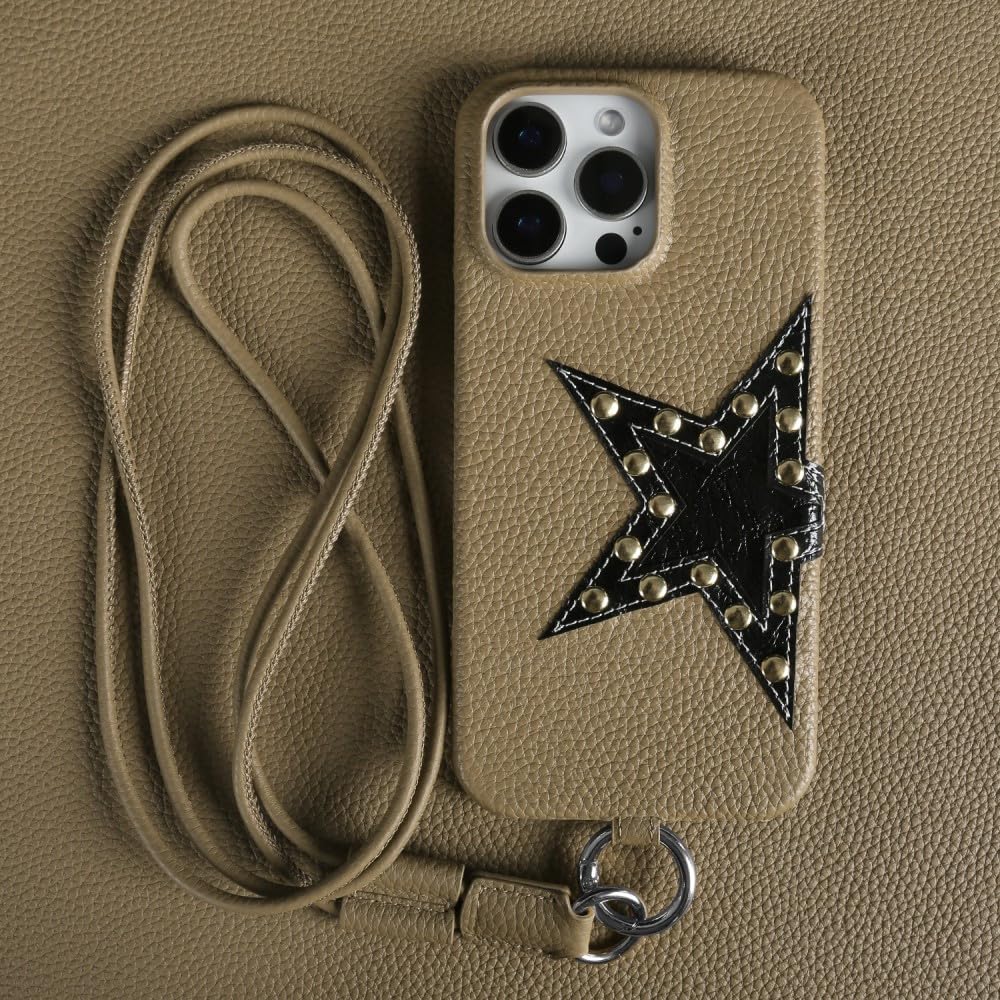 Custodia in pelle con design a stella per iPhone 16 Pro Max 15Pro 11 13 12pro 14Pro con tracolla e cordino, per telefono, color cachi, per iPhone 16