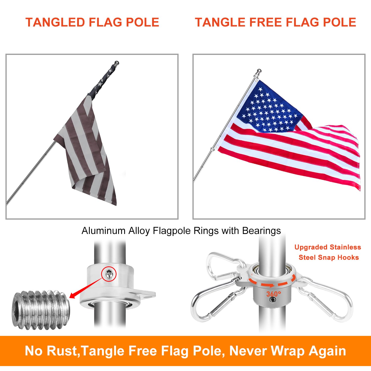 Mástil de Bandera de Acero Inoxidable de 6 pies, Postes de Bandera sin enredos para Banderas de 3 x 5, Kit de mástil de Bandera Libre de óxido, Poste de Bandera al Aire Libre para casa,