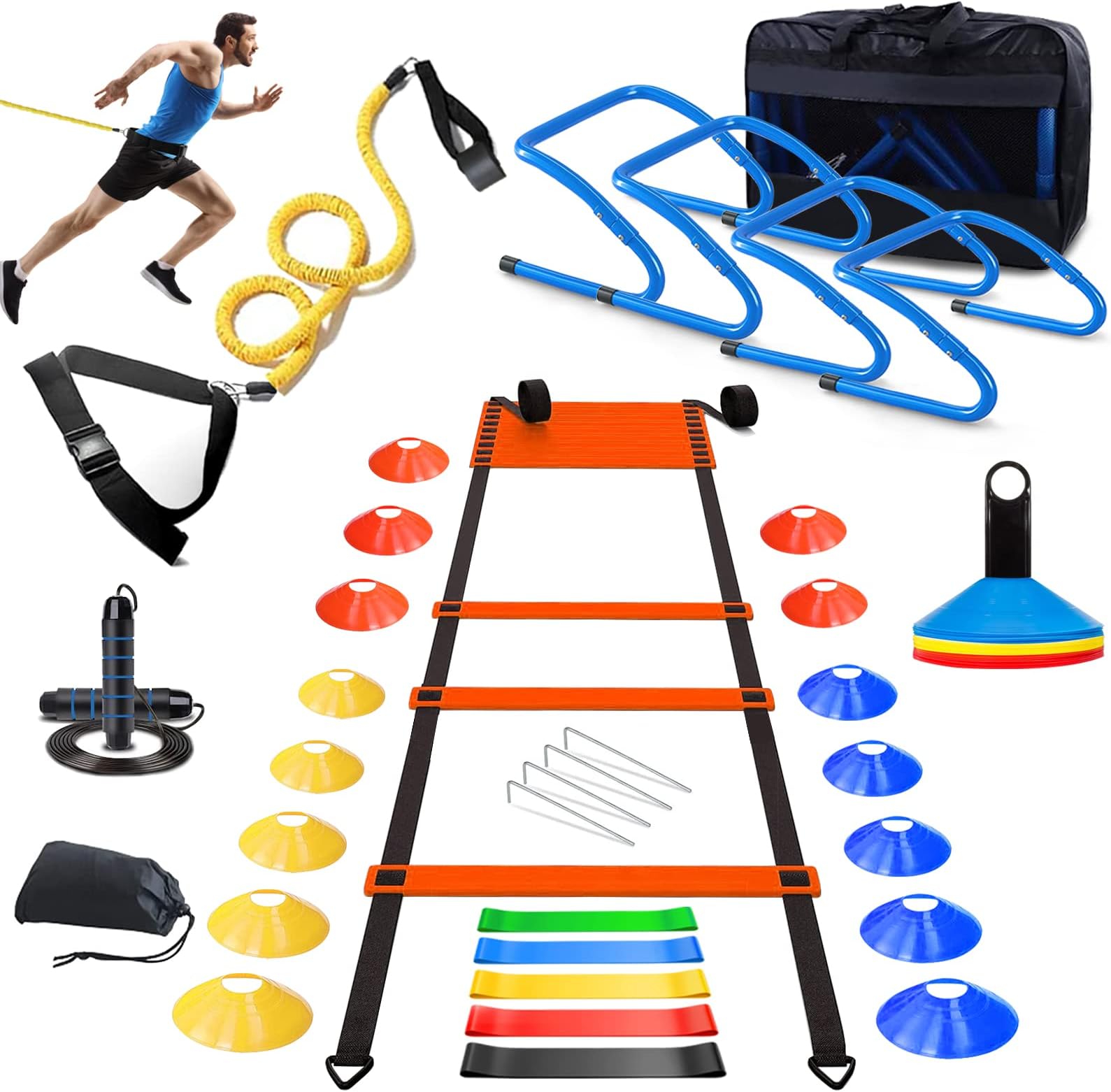Haootadiy Soccer Agility Training Equipment |Football Training Equipment for Youth Includes 20FT Agility Ladder,4 Speed Adjustable Hurdles, 15 Cones, Resistance Rope for Training Athletes & Kids