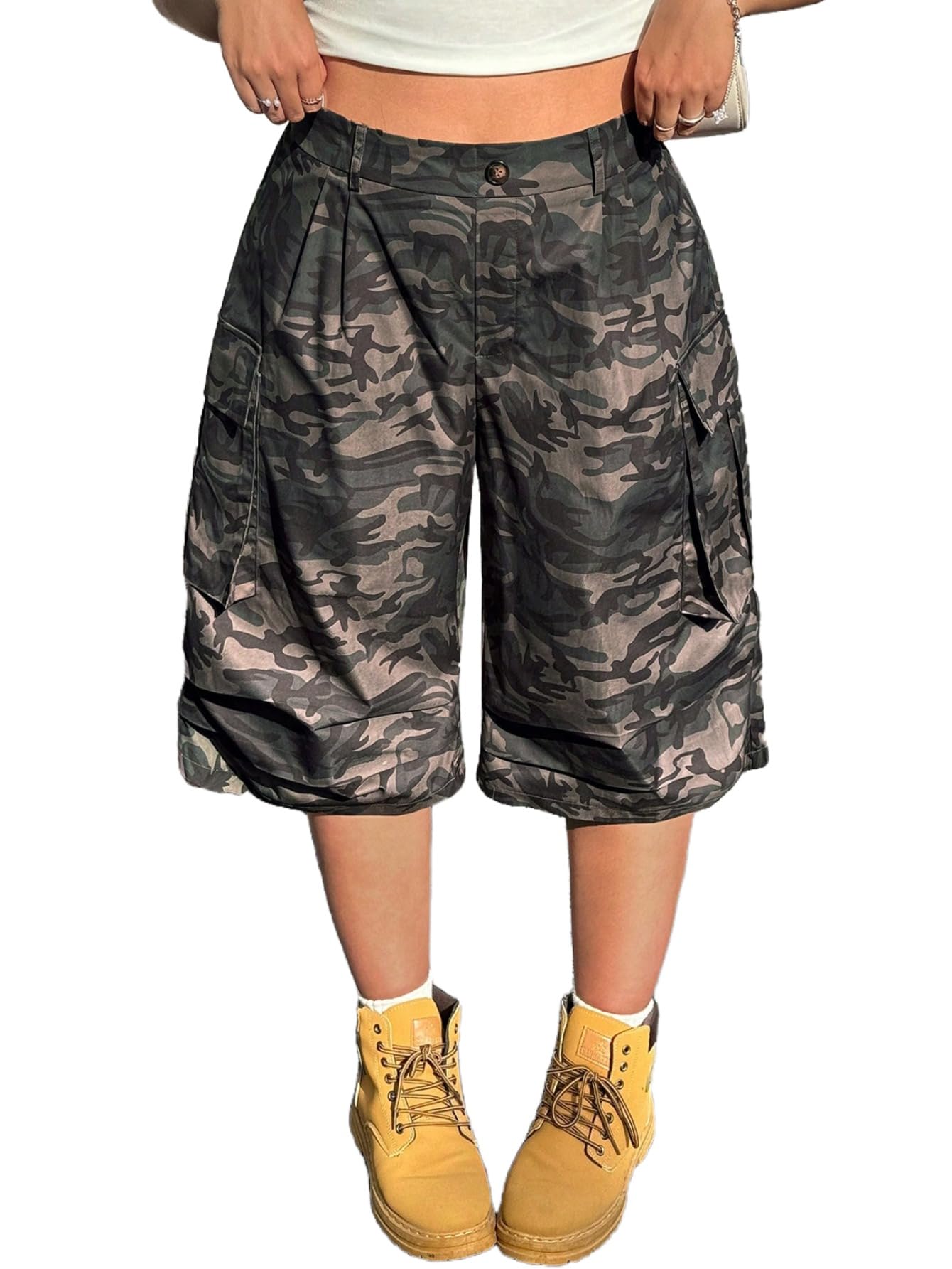MakeMeChic Womens Plus Size Camo Capri Pants Elastic High Waist Wide Leg Pants Cargo