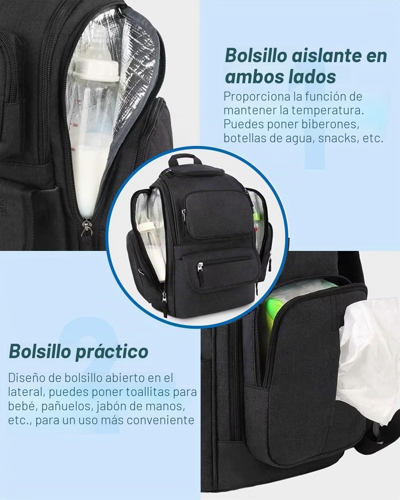 Mancro Mochila Cambiador Bebe, Mochila Maternidad Diaper para Carro Bebe Pañalera con 2 Bolsillos Laterales Aislantes, Impermeable Multifuncional Correas Cochecito Adecuado para Papá y Mamá, Negro