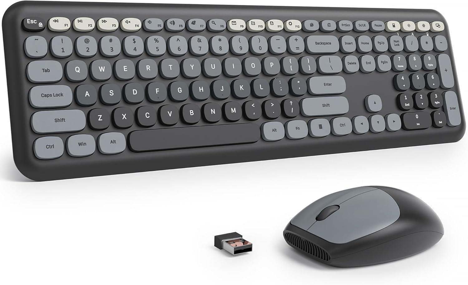 Fogruaden Quiet Black Wireless Keyboard and Mouse, 2.4GHz Retro Cute Typewriter-Style Full-Size Colorful Keyboard and Mouse Combo, Slim Design, Low-Noise Typing for Home, Office, Windows PC, Laptop Gradient BlackGrey Colorful