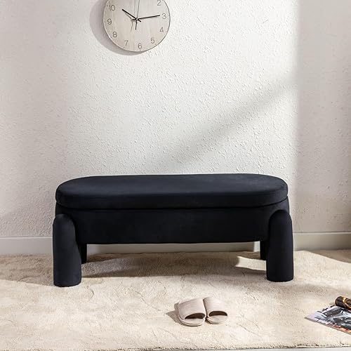 Miniatura 29 de LukeAlon Bonito banco de zapatos de terciopelo con almacenamiento, banco de entrada tapizado de 45 pulgadas de ancho con marco de madera maciza,