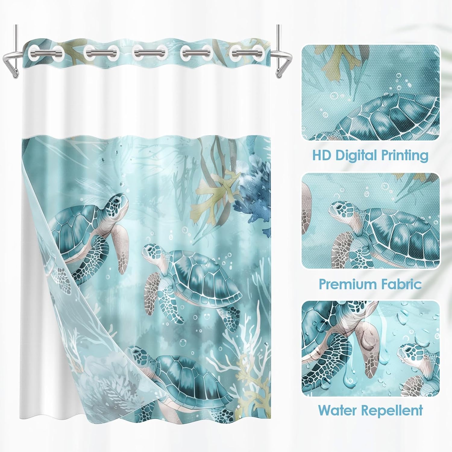 No Hook Nautical Teal Sea Turtles Shower Curtain with Snap in Fabric Liner Set, Ocean Beach Double Layers Waterproof Fabric with See Through Top Window Open Grommet Bath Curtain 71x74 Inch