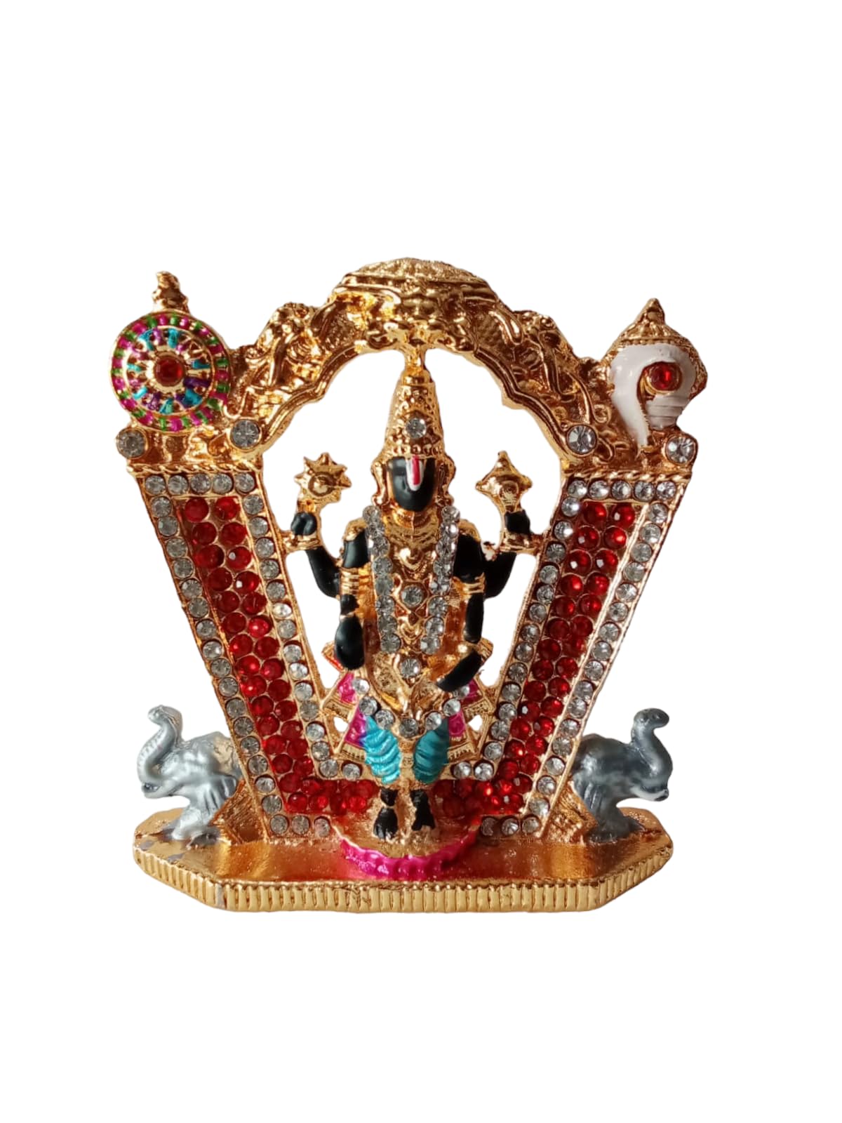Stone studded Tirupati Balaji with Sudarshan chakra and shankh idol for Car Dashboard - 7.5 cm