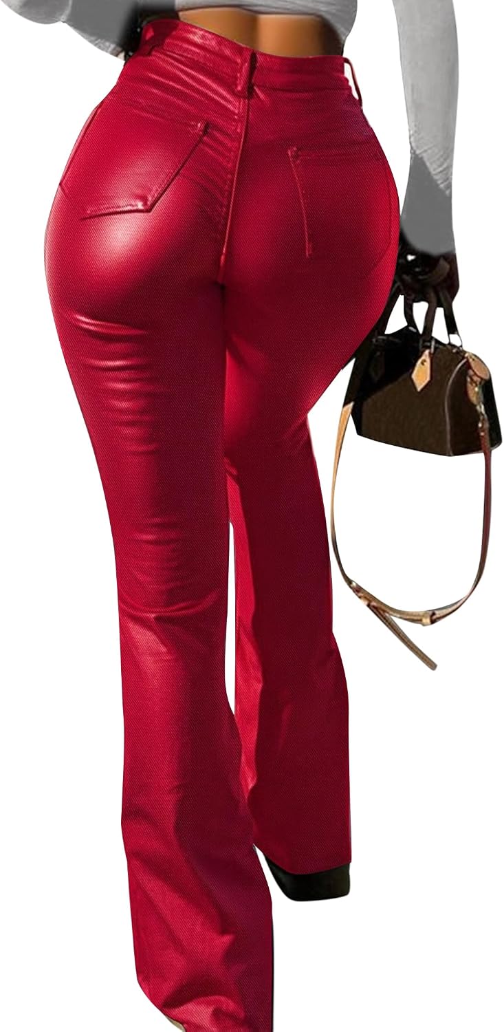 Avanova Women Faux Leather Butt Lifting Leggings Flare High Waist Sexy Bell Bottom Pants