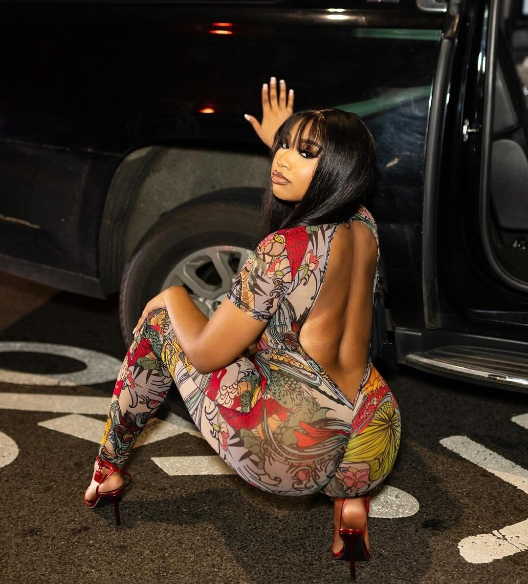 ksotutm Sexy Jumpsuits for Women Mesh Print Short Sleeve Bodycon Jumpsuit - Image 6