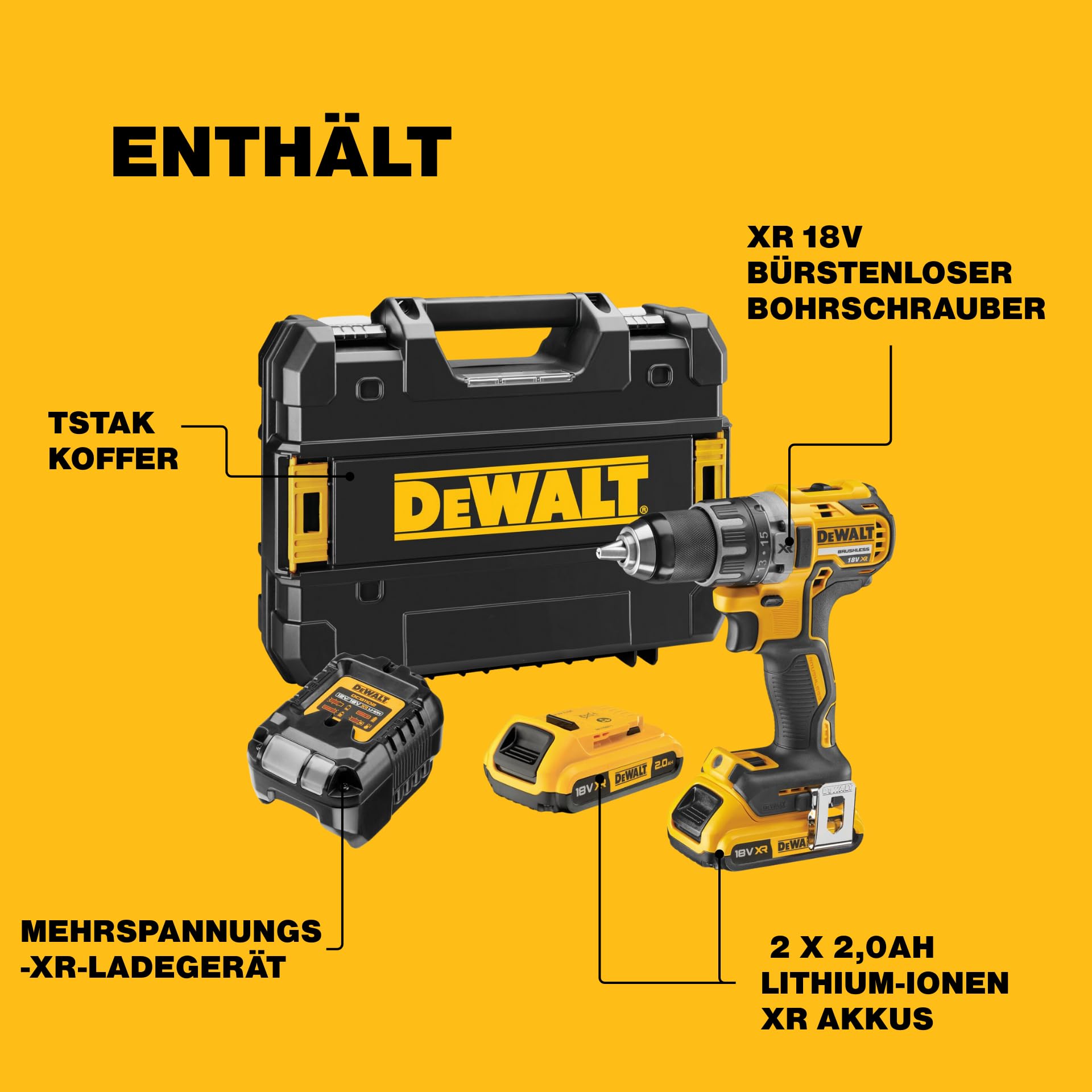 DEWALT XR 18V Akku-Bohrschrauber mit Bürstenloser Technologie, Ultra-Kompakt, 2x 2Ah Akkus & Ladegerät, 70Nm Drehmoment, LED-Arbeitsleuchte, Robuster Koffer – DCD791D2-QW
