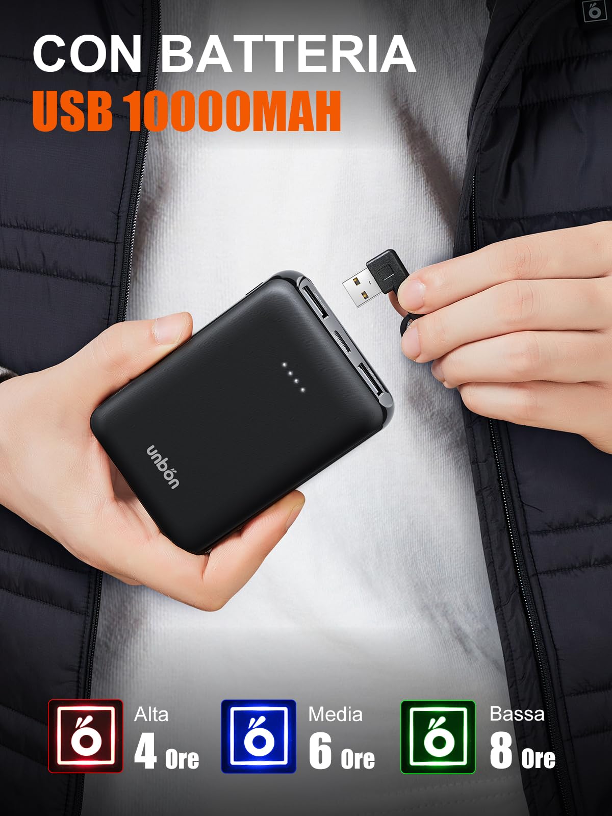 UNBON Gilet Riscaldato Uomo con Batteria USB 10000mAh, Giubbotto Riscaldato Uomo con 3 Temperature 6 Zone di Riscaldamento, Giacca Riscaldata Uomo Gilet Riscaldante Elettrico per Moto Caccia