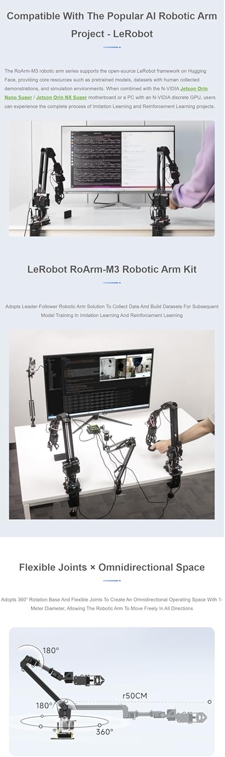 TUOPUONE RoArm-M3-S 5 + 1 DOF High-Torque Serial Bus Servo Dual Robotic Arm AI Kit Supports Hugging Face LeRobot AI Robotic Project with Jetson Orin Nano Module 8GB