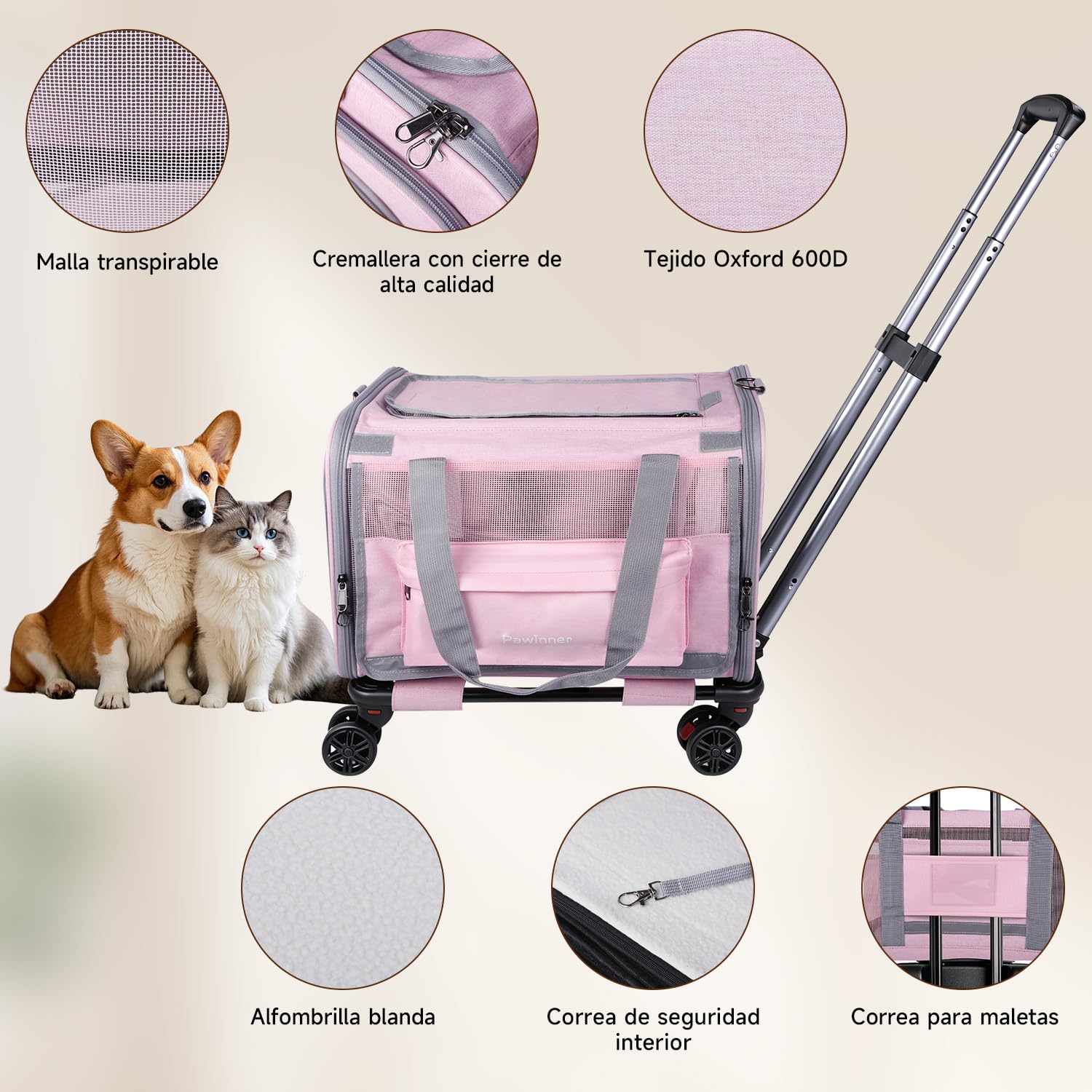 Nueva Bolsa Transporte Transpirable para Mascotas 45x33x33 cm | Transportín para Mascotas con Ruedas Desmontables y Correa Ajustable, para Mascotas Pequeñas y Medianas de hasta 9 kg (Rosa)