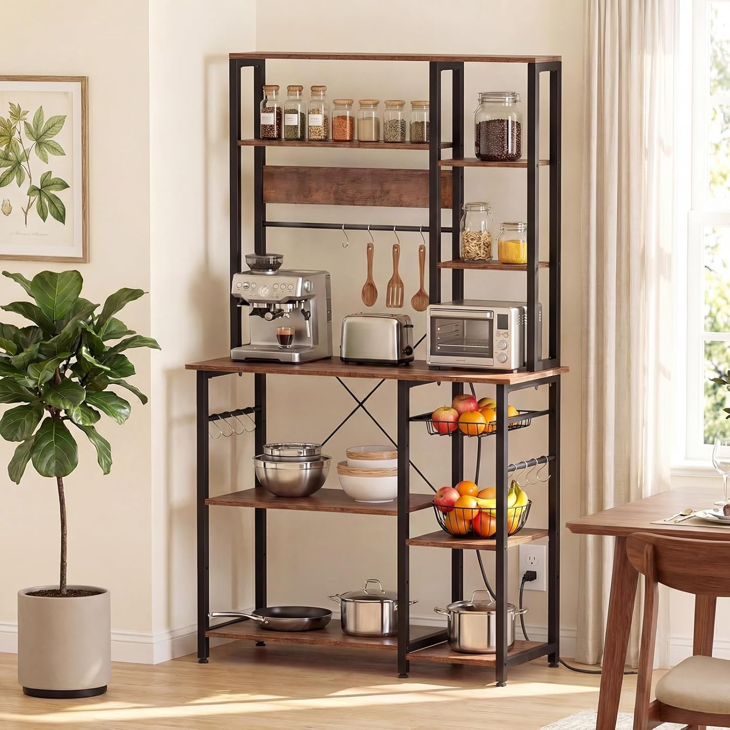 LOKO Industrial Bakers Rack with Power Outlet, 6-Tier Microwave Stand, Large Coffer Bar with 12 S-Shaped Hooks and Wire Baskets, Metal Kitchen Shelf Rack with Storage, 39 x 16 x 67 in, Rustic Brown