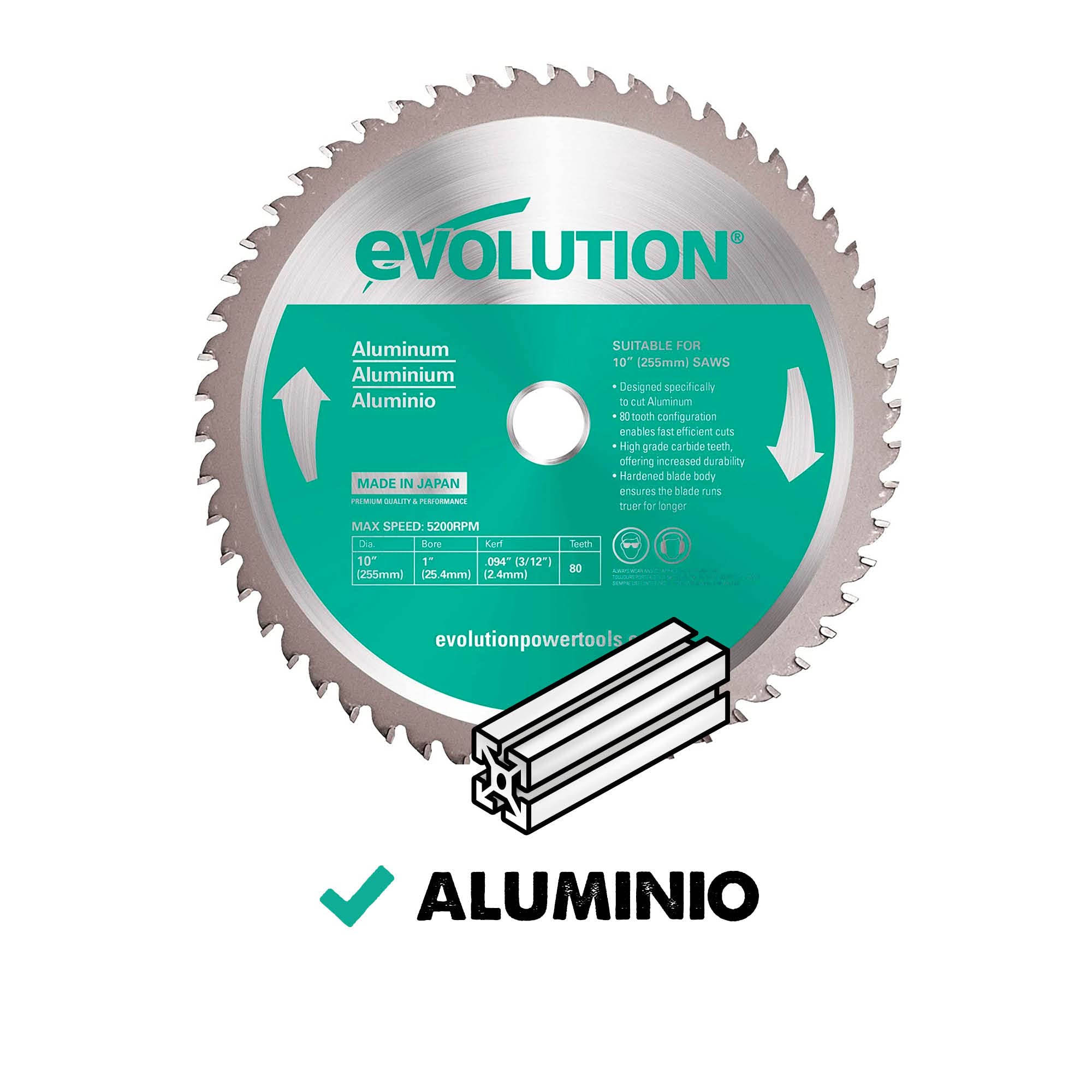 Evolution Hoja de sierra de 255 mm A255TCT-80MS de Evolution para cortar aluminio: la hoja de sierra de metal con punta de carburo no genera calor, rebabas ni chispas