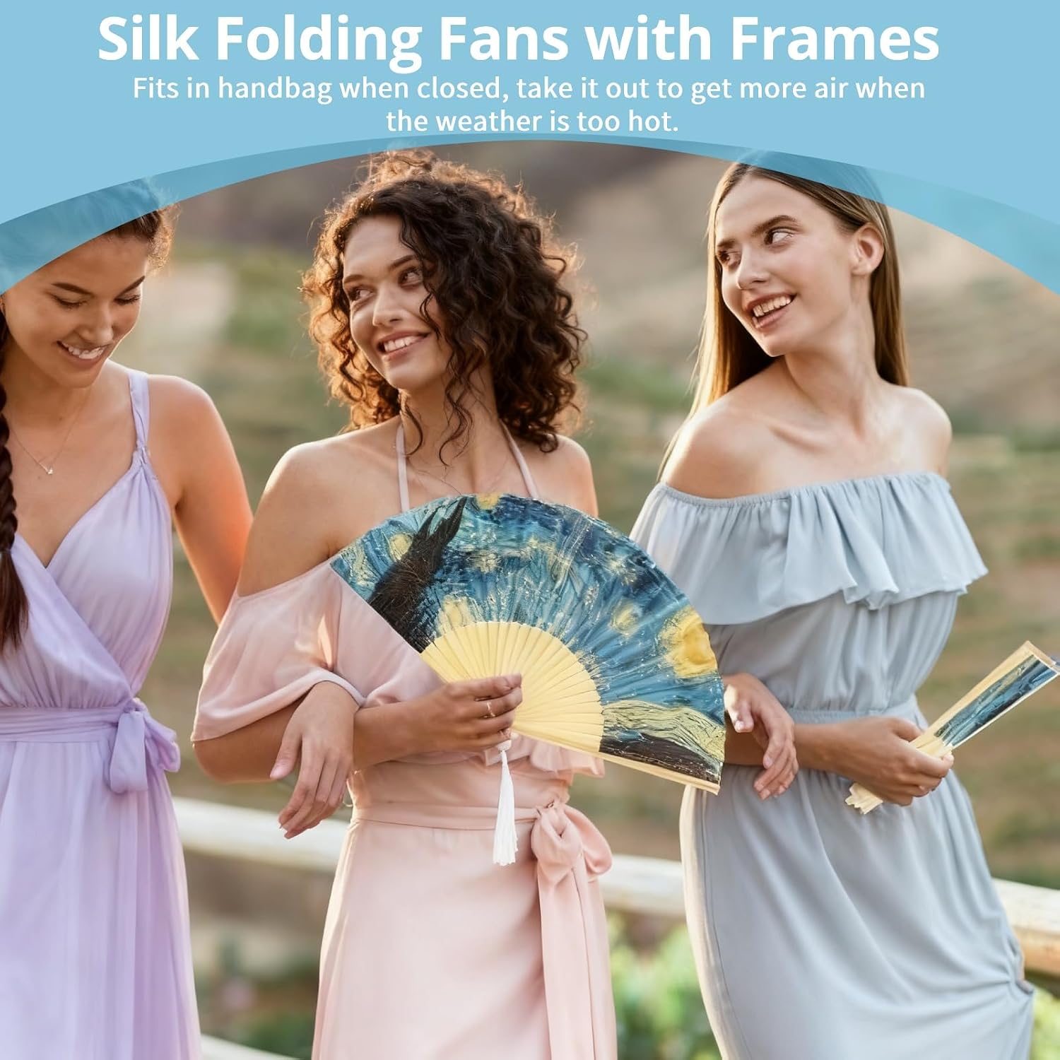 Cyrank Foldable Hand Fan, 2PCS Hand Held Silk Folding Fan Chinese Handheld with Frames Decorative Starry Night Pattern for Dancing Cosplay Wedding Party Props Decoration