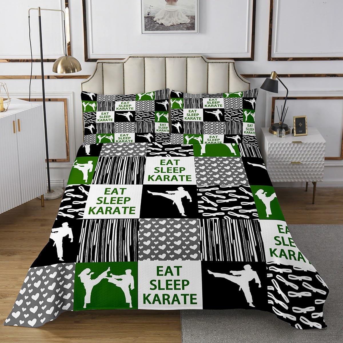 Homemissing Juego de colcha de decoración de karate, tamaño doble, moderna, geométrica, funda de ropa de cama de arte marcial, colección de ropa de cama verde karate para niños, niñas y adultos