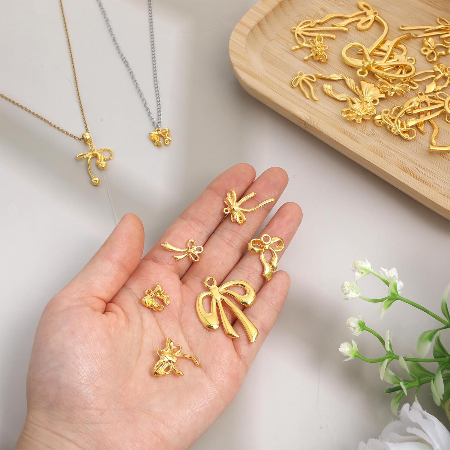 48PCS 12 Styles Gold Bow Charms, Golden Bow Tie Connector Charms, Bow Earring Connectors, Christmas Bell Bow Charms, Metal Bow Link Charms for DIY Necklace, Bracelet, Jewelry Making - Image 5