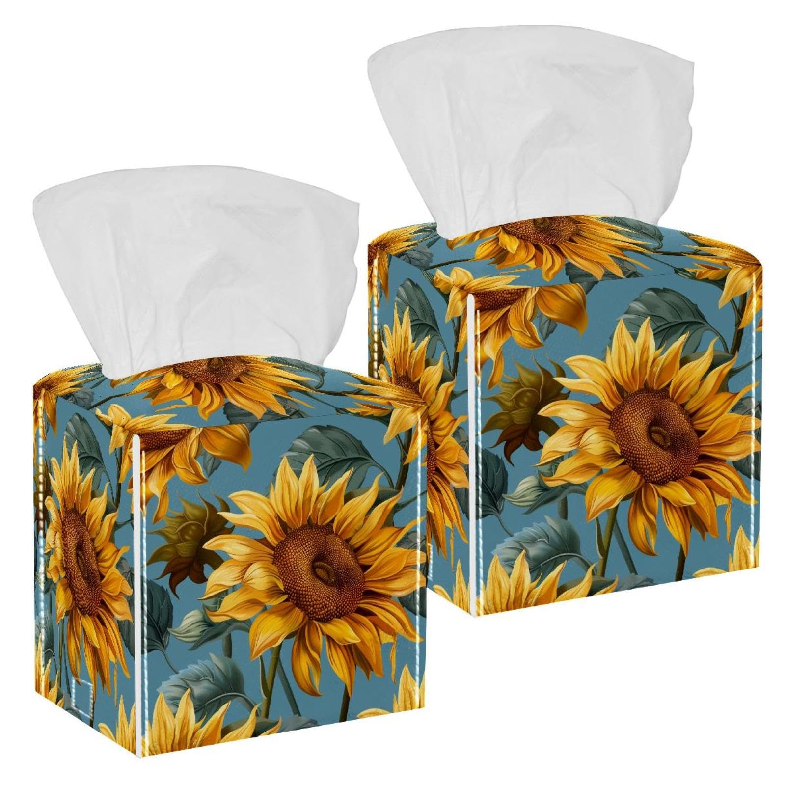 Sunflower Tissue Box Cover, 2 Pack PU Leather Square Facial Tissue Dispenser Box holder for Home Office Car