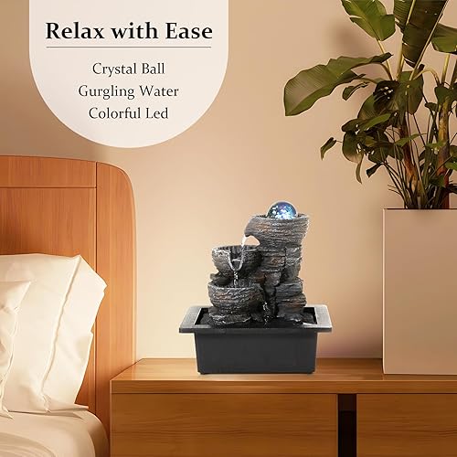 Miniatura 5 de POWLAB Fuente de agua de mesa, fuente de meditación de resina ambiental, fuente de escritorio, función de cascada interior de 3 niveles con bola de