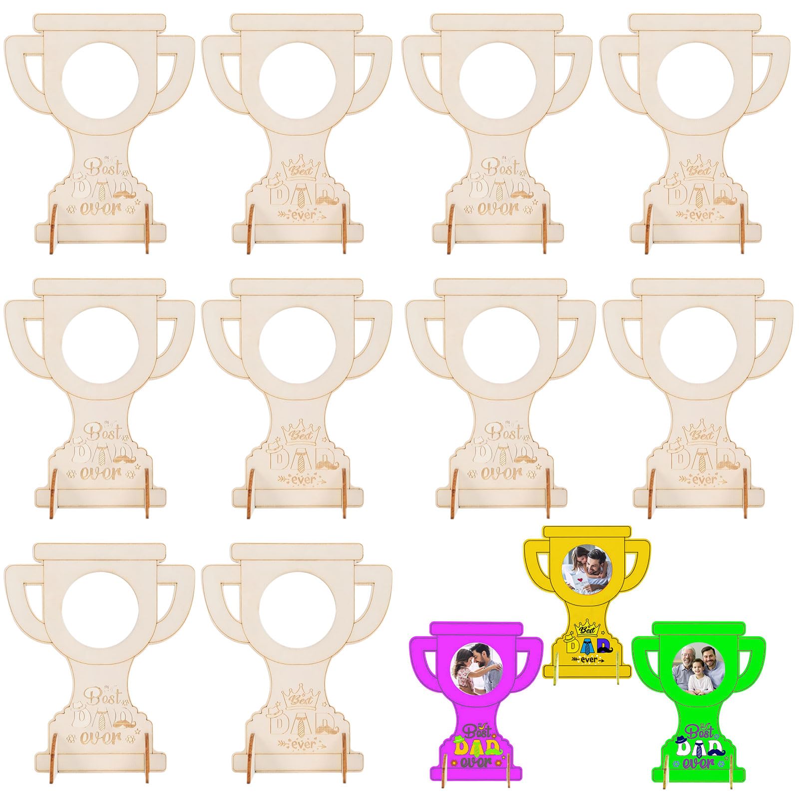 Father’s Day Crafts for Kids - 10Pcs Best Dad Ever Wooden Trophy Shaped DIY Photo Frame, Fathers Day Craft Gifts from Daughter Son, Color Your Trophy Family Craft Time Classroom Activities