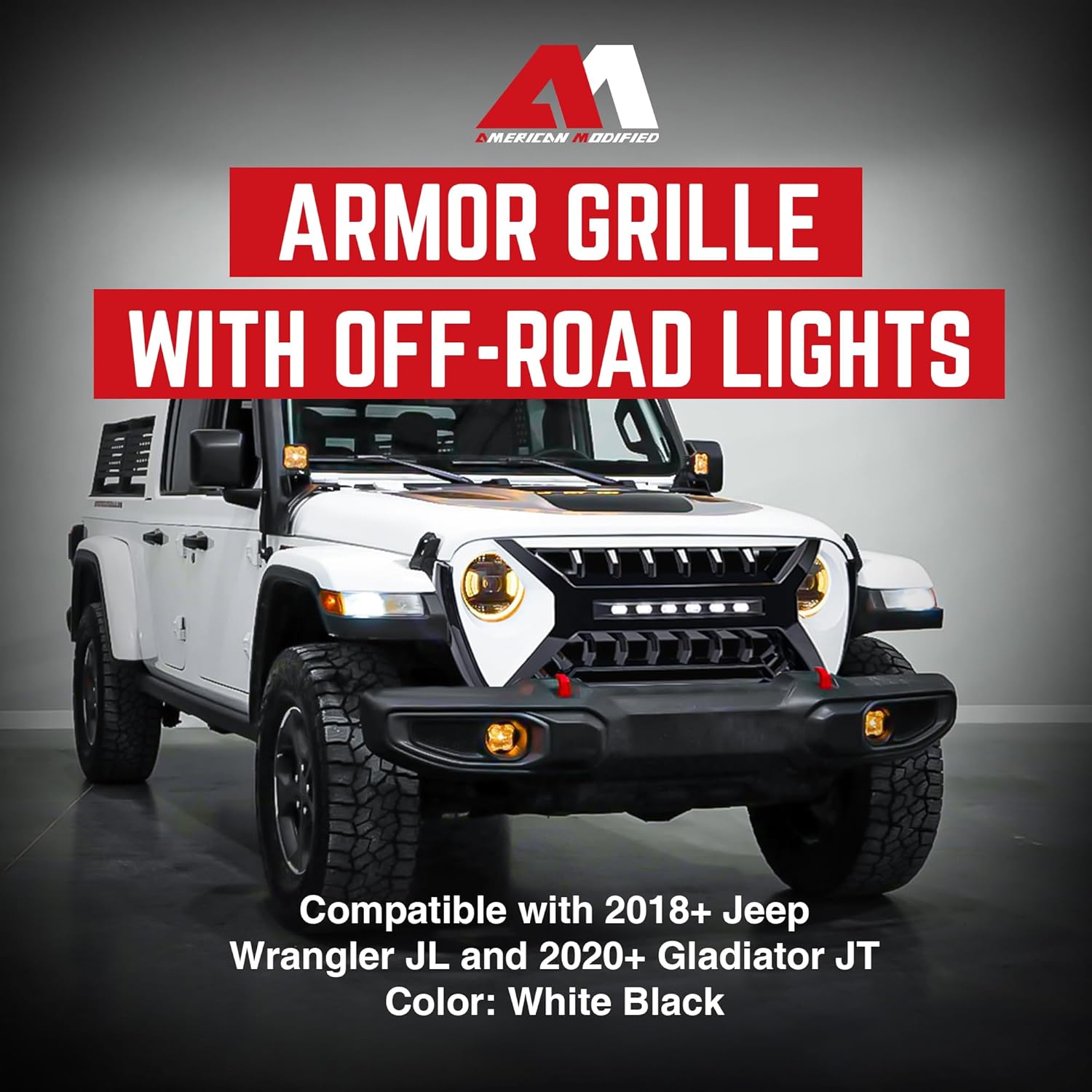 AMERICAN MODIFIED Grille w/ Off-Road LEDs Compatible w/ 2018-2023 Jeep Wrangler JL & Gladiator JT w/ Camera, Armor, White/Black