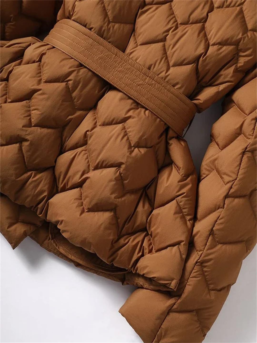Women Elegant Tie Belt Long Cotton White Duck Down Parka Lightweight Down Jacket With Belt