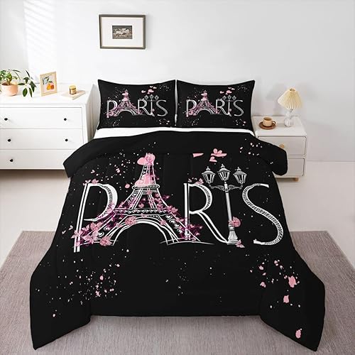 Feelyou Juego de edredón de la Torre Eiffel, elegante juego de ropa de cama de París, edredón romántico para niños, niñas, niños, adolescentes,