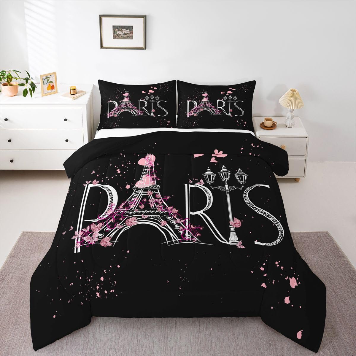 Feelyou Eiffel Tower Comforter Set Chic Paris Bedding Set Romantic Theme Comforter for Boys Girls Children Teens Black Pink Bedroom Decor Modern