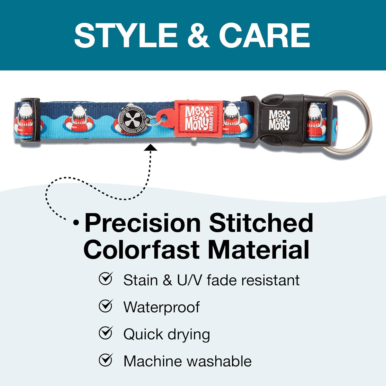 Max & Molly Urban Pets Smart ID Dog Collar - Soft Neoprene, Waterproof, Machine Washable, Power Buckle, Gotcha! QR Tag & Custom App Profile, Sharks, Large