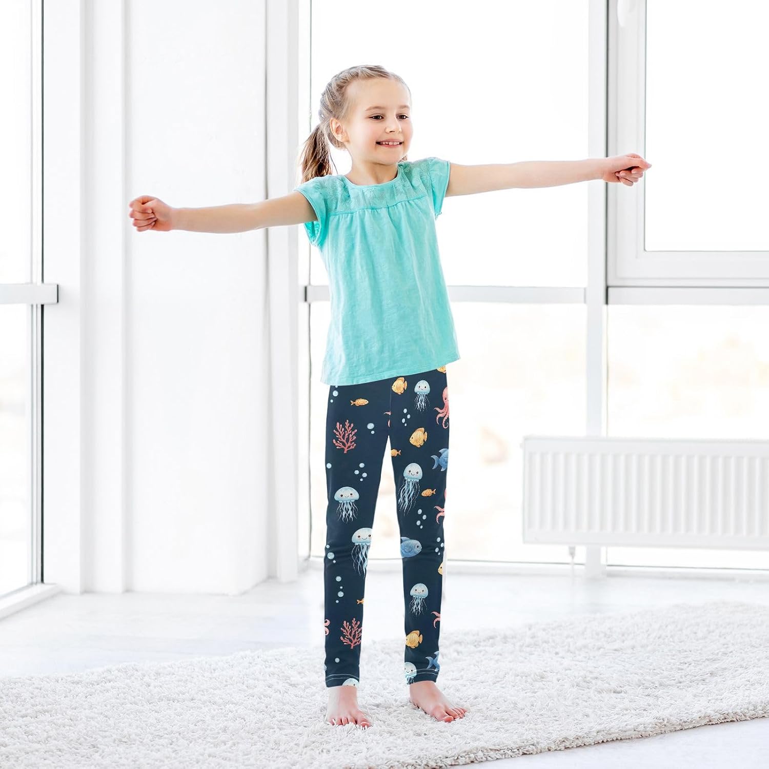 GAIREG Girls Yoga Pants Cute Jellyfish Coral Dark Blue