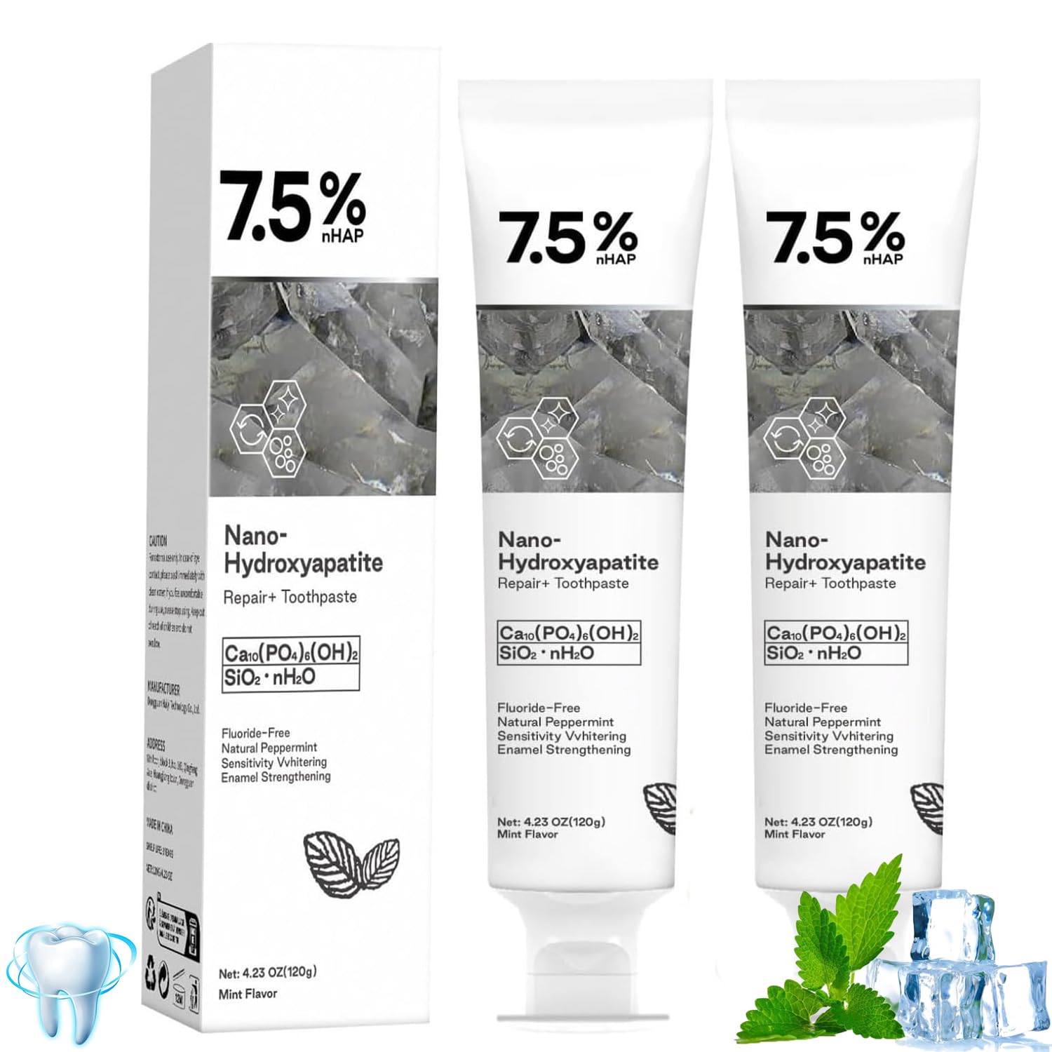 2 pcs Pasta de Dente de Hidroxiapatita 120g: Limpeza Profunda e Proteção Avançada do Esmalte com Sabor de Menta Fresca