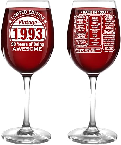 QUPT Regalos de cumpleaños número 30 para hombres, mujeres y amigos, copa de vino con tallo estampado vintage de 1993 de 16 onzas, copa de vino de