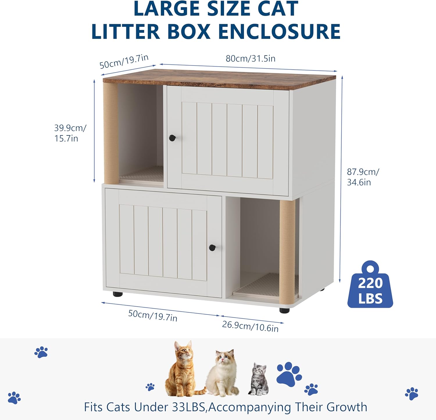 Double Litter Box Enclosure for 2 Cats, 2 Tier Litter Box Enclosure Furniture with Scratching Post and Dual Mats,Wood Cat Kitty House Cabinet,Modern Style