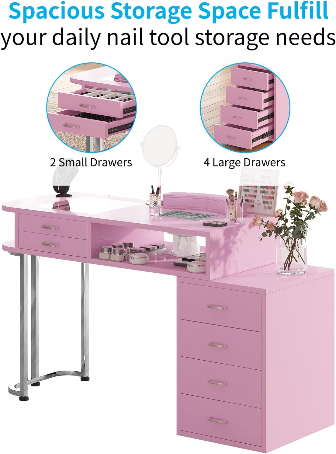 Manicure Nail Table,Professional Nail Table with Wrist Cushion,Transparent Desktop,Nail Workstation with Dust Collector,Dust Collecting Sleeve and Storage Drawers,Pink.