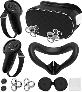 Silicone Cover Set Compatible with Meta/Oculus Quest 3s Accessories, Silicone Face Cover, Controller Grip Cover, VR Shell Cover, Protective Lens Cover, Camera Lens Protector, Skin for Quest 3s (Black)