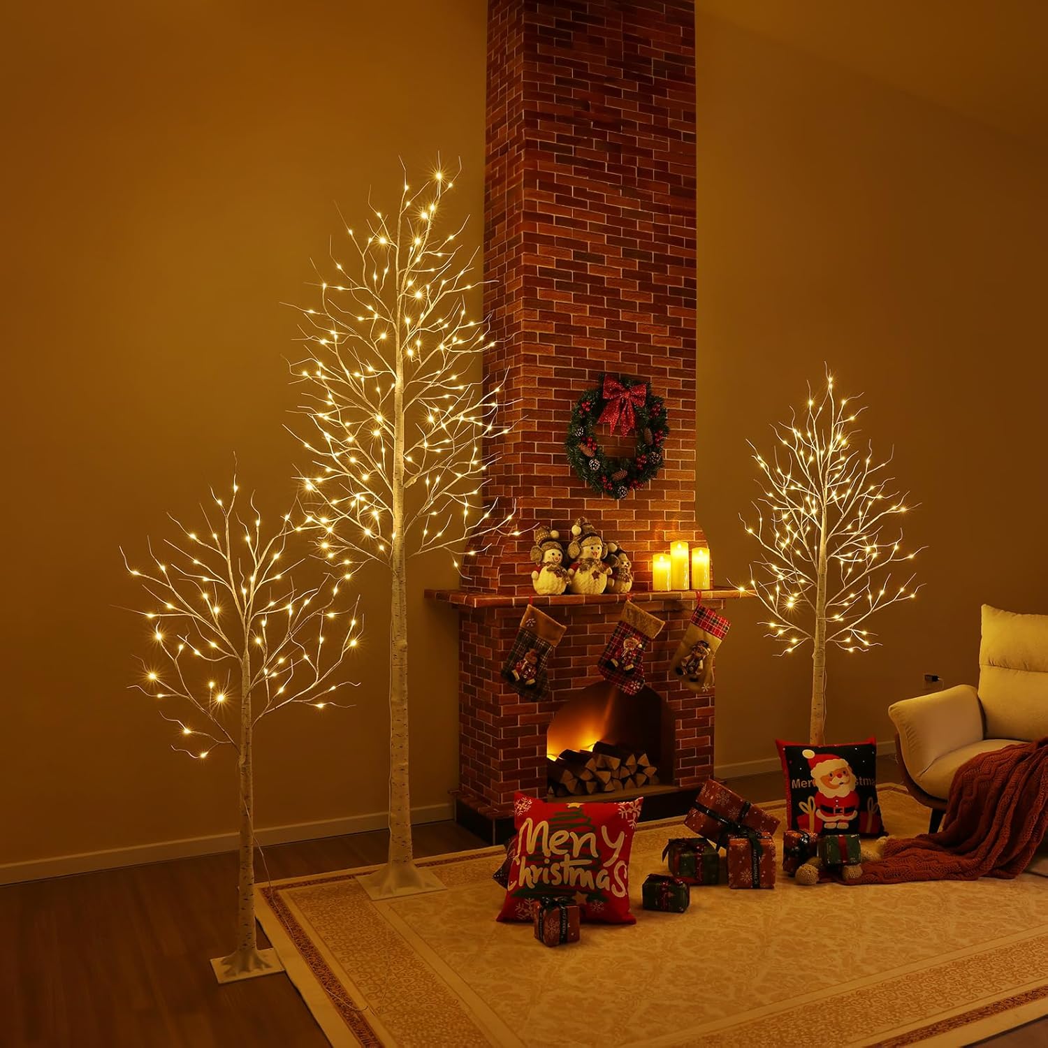 SOGUYI White Birch Tree with Lights Set of 3-4ft 6ft 8ft Christmas Decorations with 280 Warm White Lights, Twinkle Twig Tree for Indoor Outdoor Porch Home Holiday Decor 4 6 8 Feet, 3-Pack