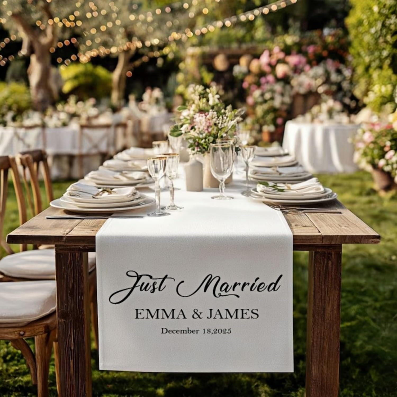 Art Lunic D Personalize Just Marrie Table Runner, Custom Cotton Linen Fabric Wedding Banner, Modern Outdoor Wedding Sweetheart Table Ecor(D)