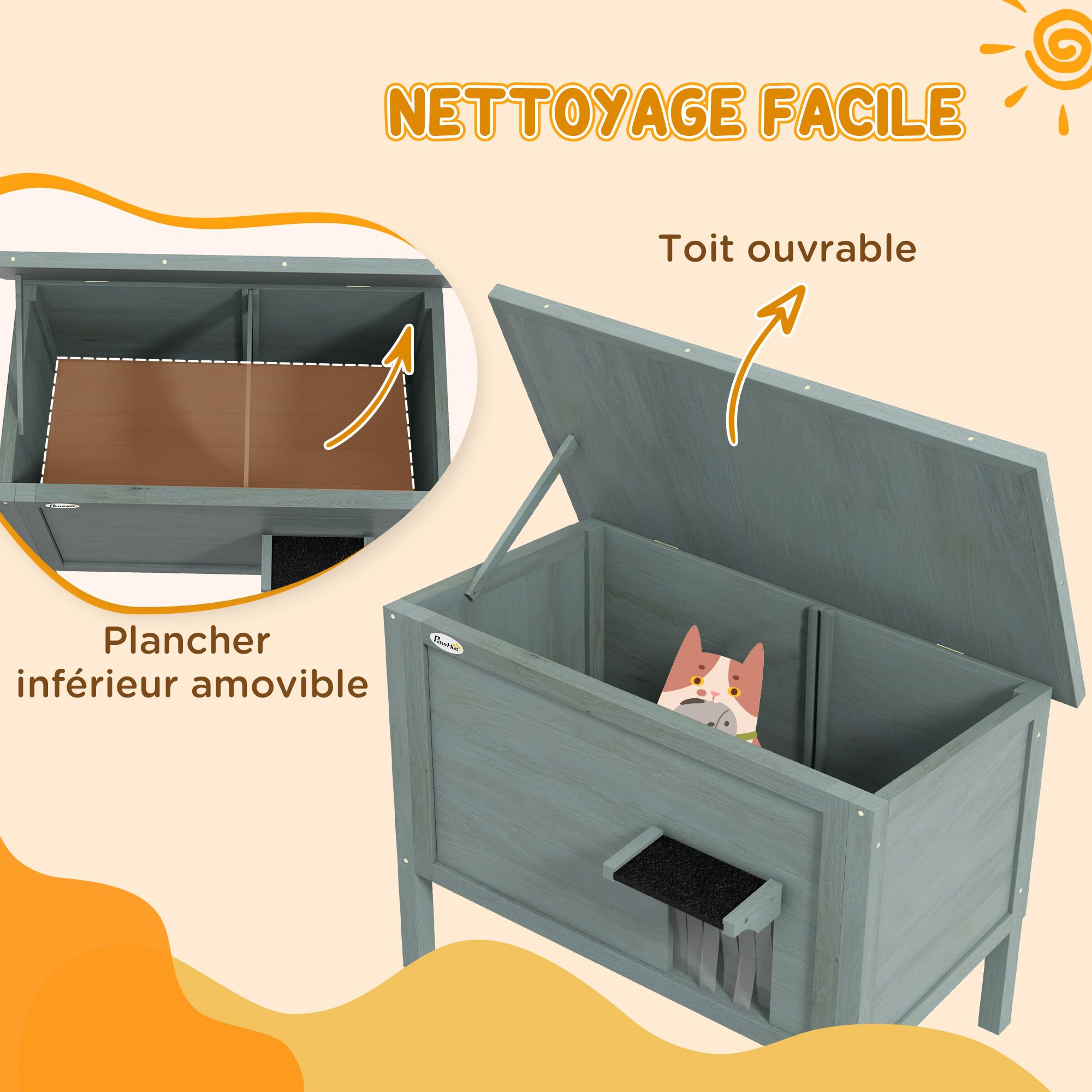 PawHut Maison pour Chats Niche d'extérieur en Bois surélevée avec Toit ouvrable, isolée avec Toit Asphalte, 85 x 50 x 68,5 cm, Gris foncé et Noir