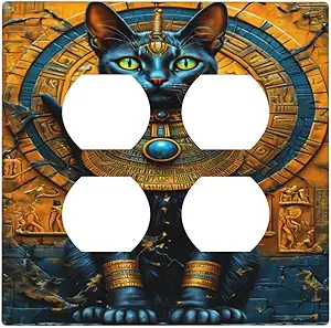 Decorative Outlet Covers Egyptian Black Cat Vintage Gold Decorated 2 Gang Wall Plate Cover Double Duplex Receptacle Two Switch Light Switch Cover Plate Jumbo Faceplate for Home Decor