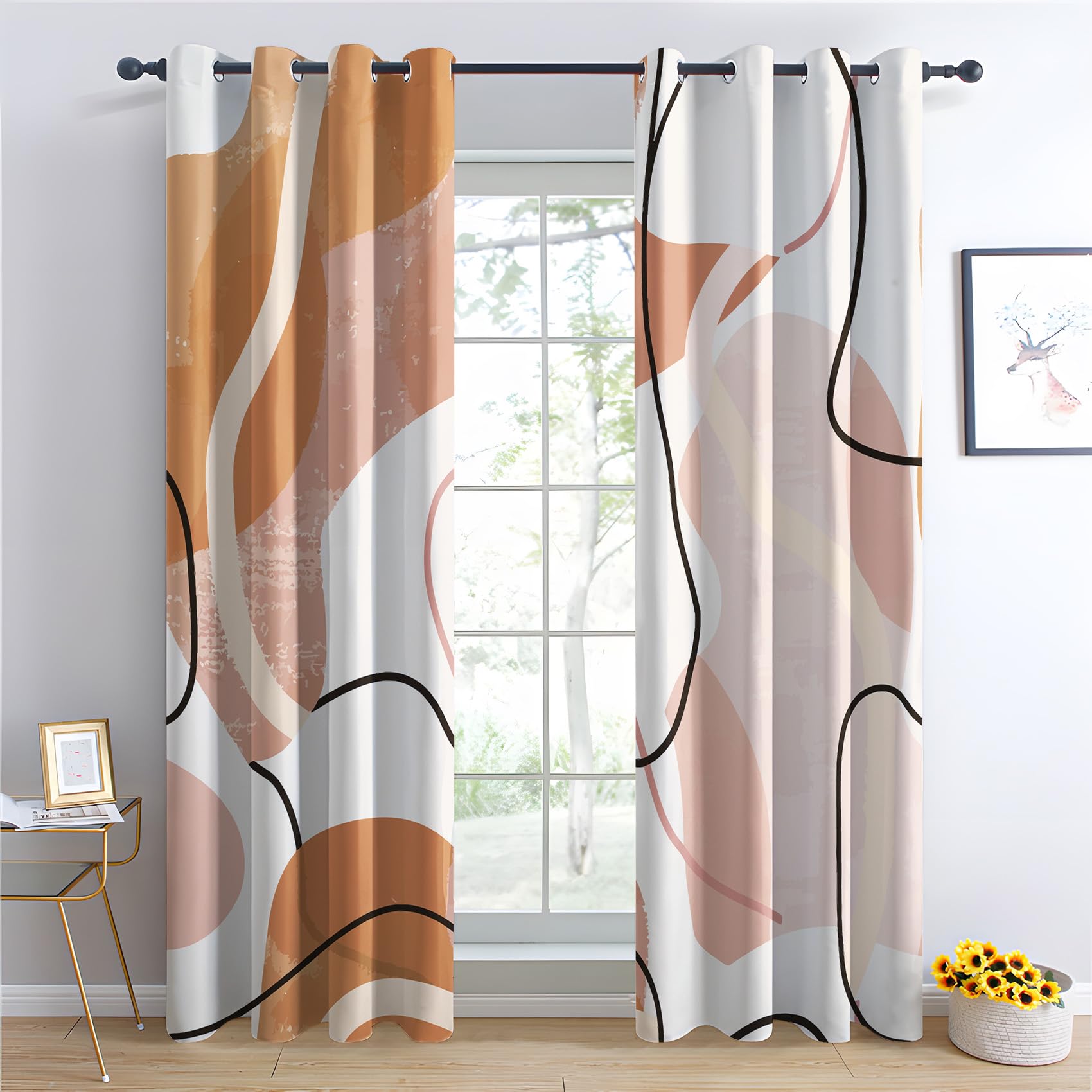 Rideau Occultant Art Abstrait Au Trait, Moderne Motif Rideaux Thermiques à Oeillets, Rideaux Imprimé pour Salon Chambre Fenetre Moderne Décoration, 117x183 cm (L x H), Lot de 2
