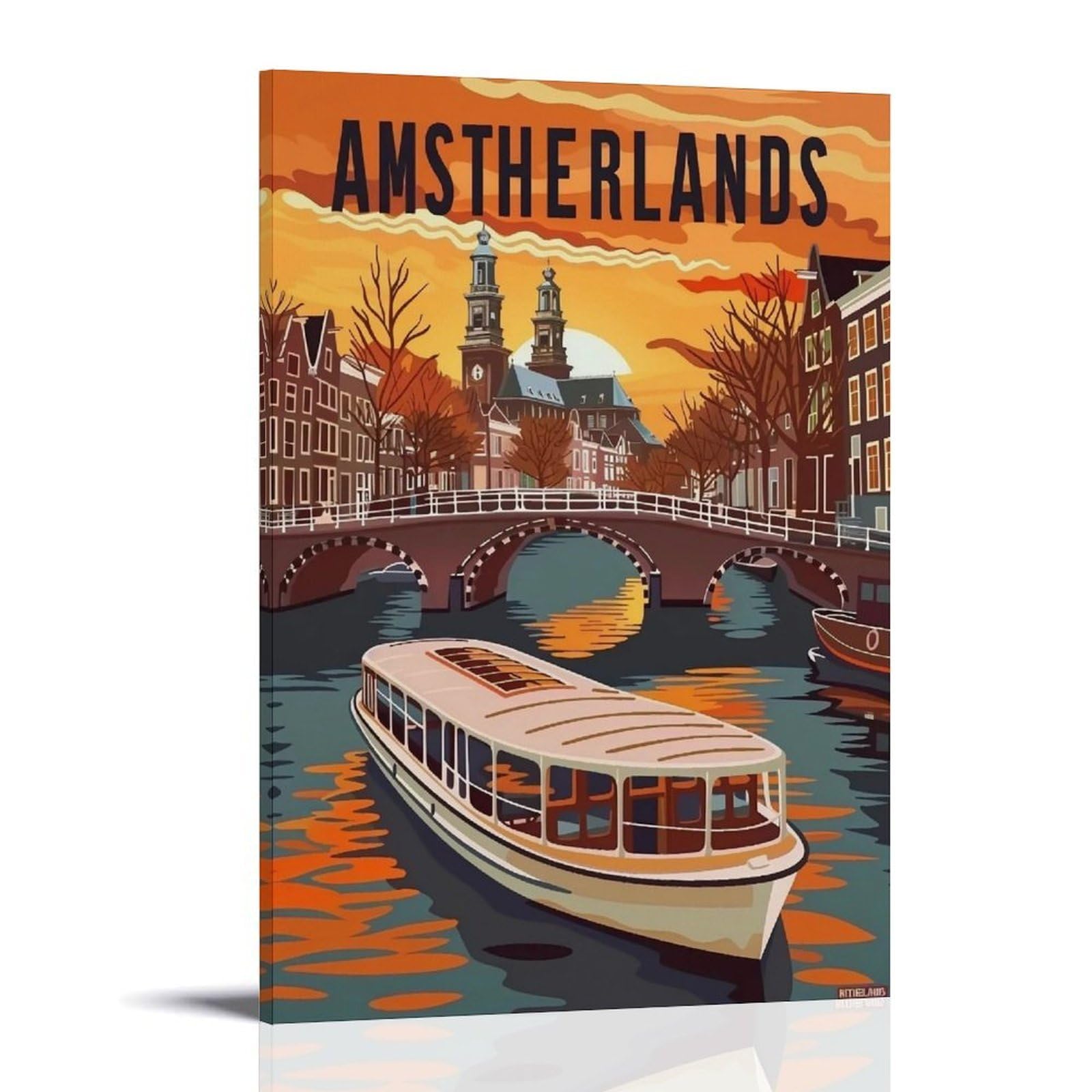 WHOUHJYE Amsterdam Canal Sunset 01 Poster Wall Art Canvas Vintage Aesthetic Painting Decor for Rooms 20x30inch Frame-style