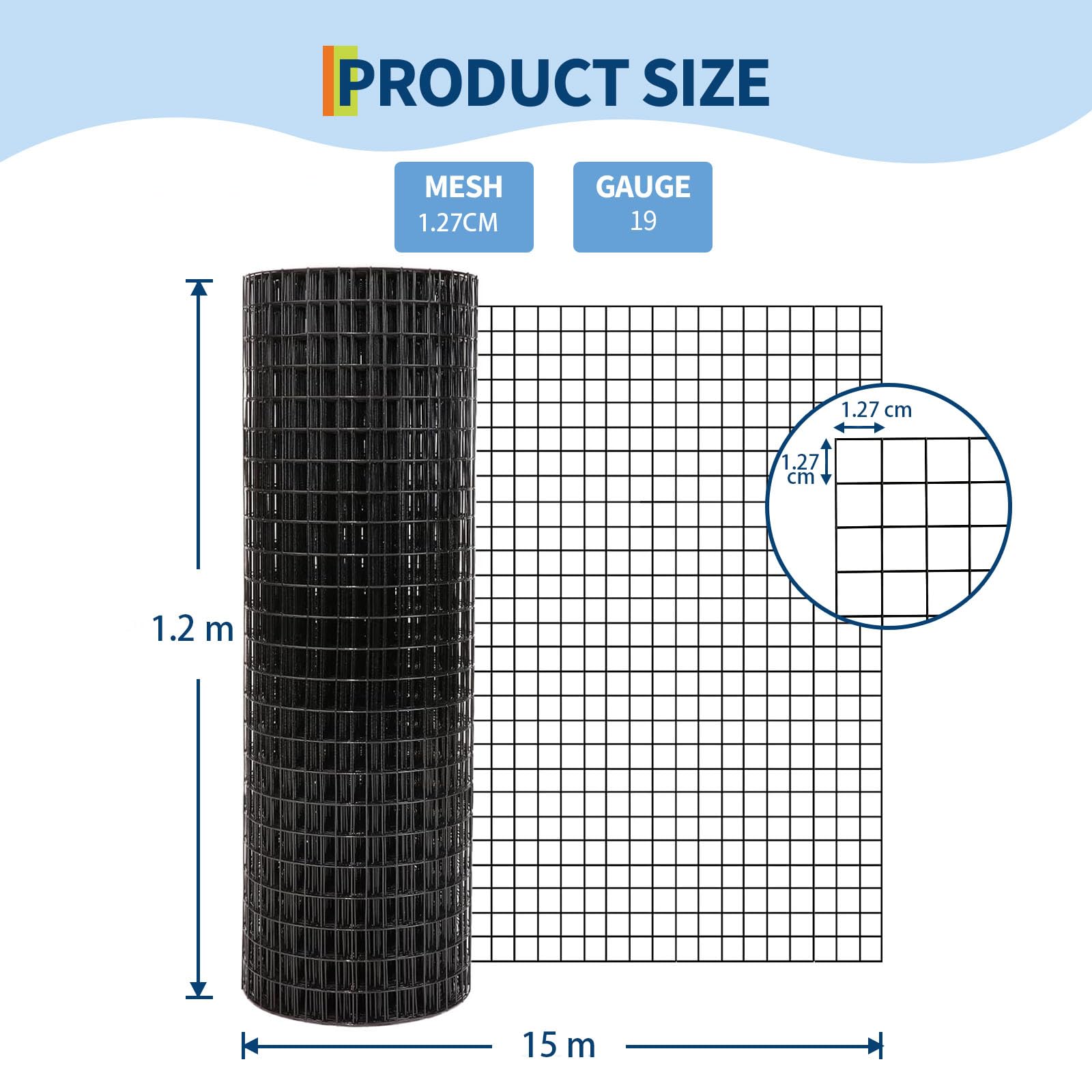Maschendrahtzaun 120cm Höhe, 1,27cm，19 Gauge, Verzinkte Drahtgitter, Rolle, Gartenzaun, Hühnerstall, Kaninchendraht, Nagergeflecht, Rostfrei Und Wetterfest, Einfach Zu Schneiden—Schwarz