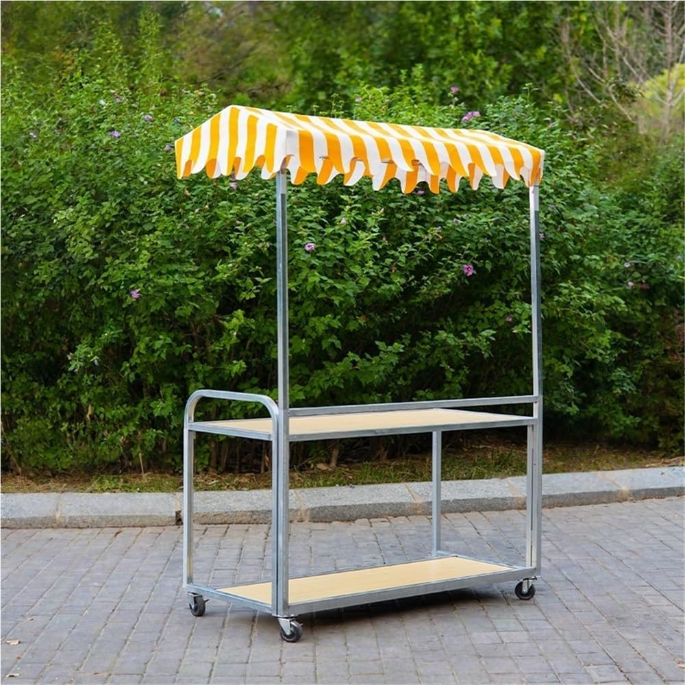 Outdoor Mobile Vendor Cart with Striped Canopy, 2-Tier Iron Frame Food Cart with Striped Canopy, Folding Snack Cart for Street(Blue,18.9x39.4in)